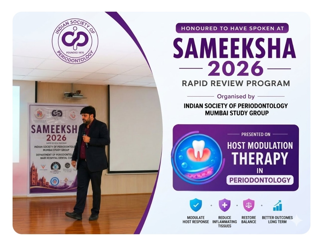 Short Description:  Delivering a lecture on Host Modulation Therapy in Periodontology during SAMEEKSHA 2026, the annual Rapid Review Program organised by the Indian Society of Periodontology. An enriching opportunity to share knowledge and interact with enthusiastic postgraduate students preparing for their examinations.